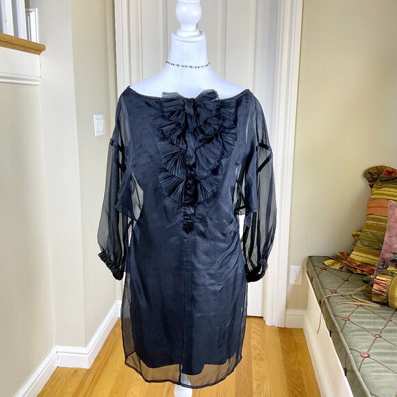 Bebe Dress Silk Tuxedo Sheer Ruffle Front Wide Neck Black Cocktail (M) - Picture 1 of 9